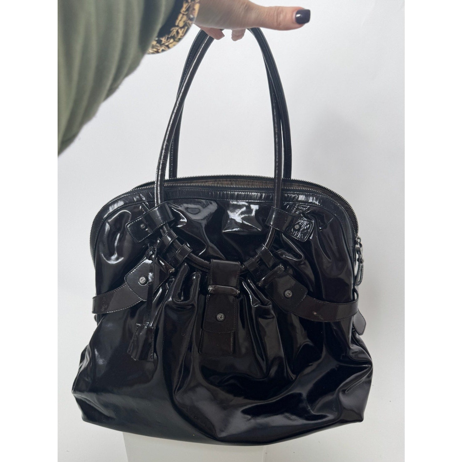 Salvatore Ferragamo Gancini Black Patent Leather Ruched Boho Hobo Bag