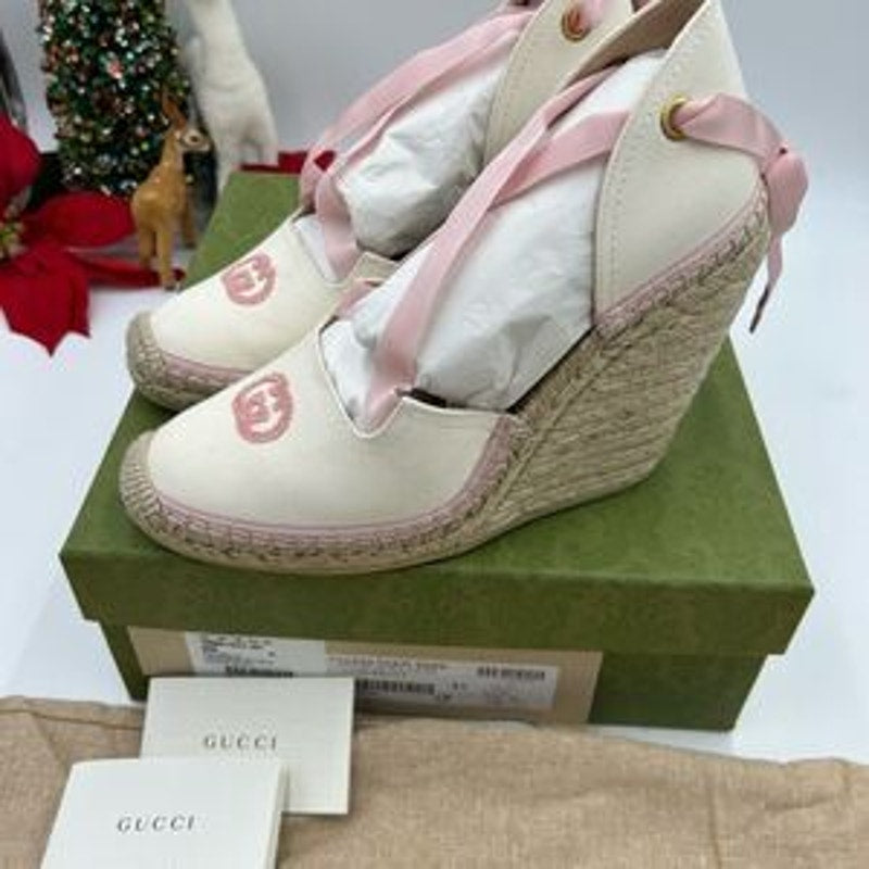Women’s Gucci white/pink wedge espadrilles size 41 made in Spain