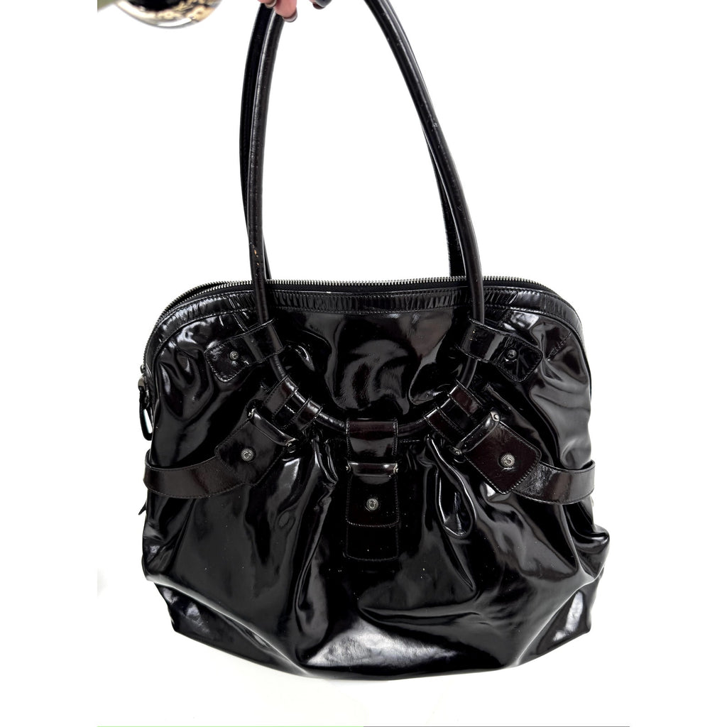 Salvatore Ferragamo Gancini Black Patent Leather Ruched Boho Hobo Bag