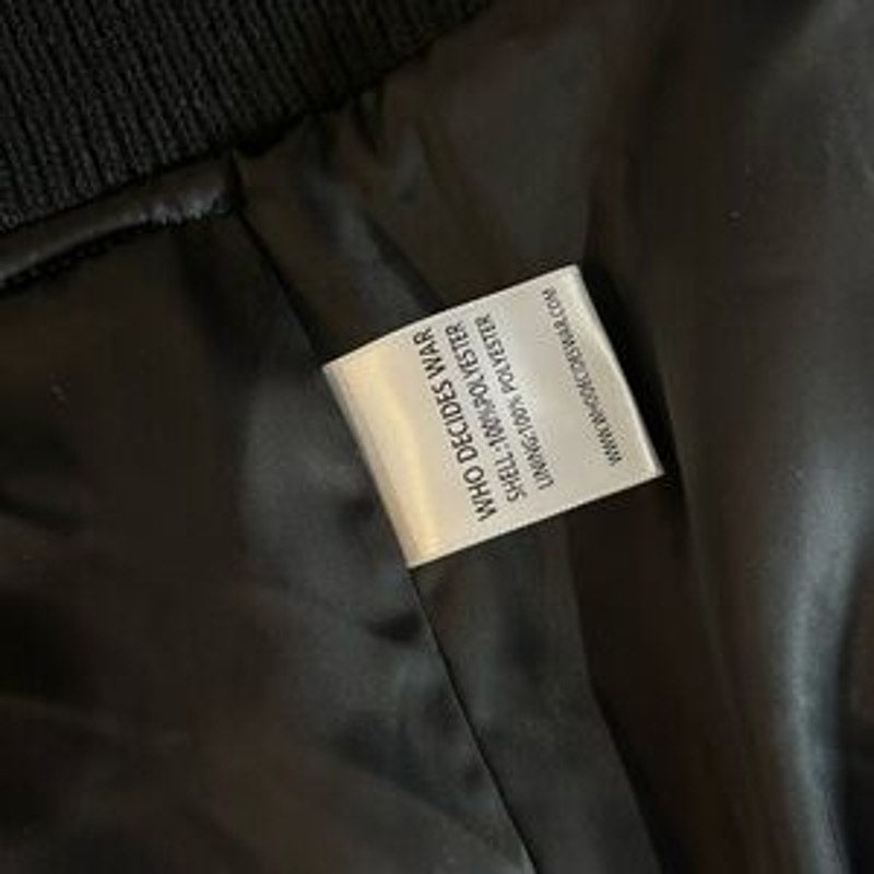 Men's WHO DECIDES war hardware, varsity jacket, size XL