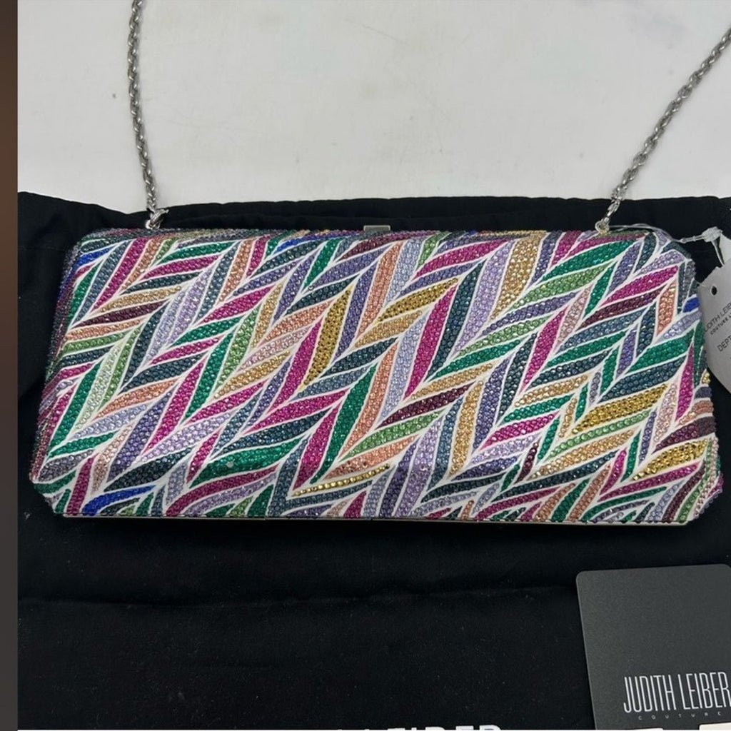 Women's Judith Lieber rectangular beach
mural clutch bag detachable chain Italy