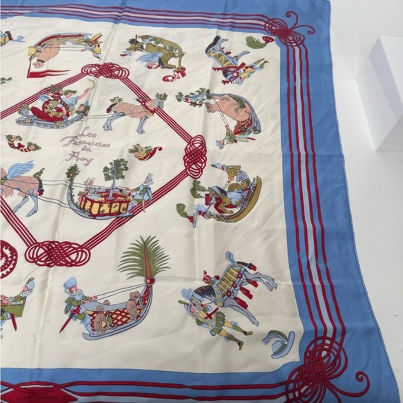 Hermes silk scarf red/blue colorway/whimsical sleds horses w/flourishes of color