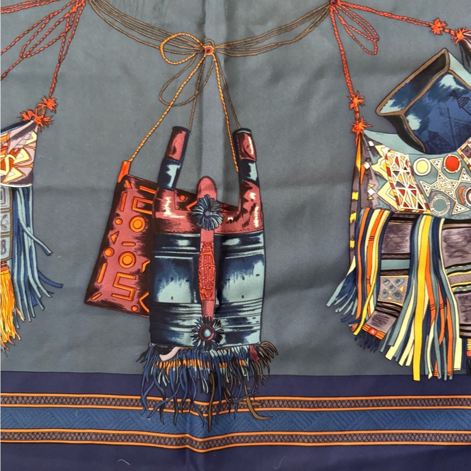 Hermès silk scarf in a darker blue and maroon Color Way, Middle Eastern motif