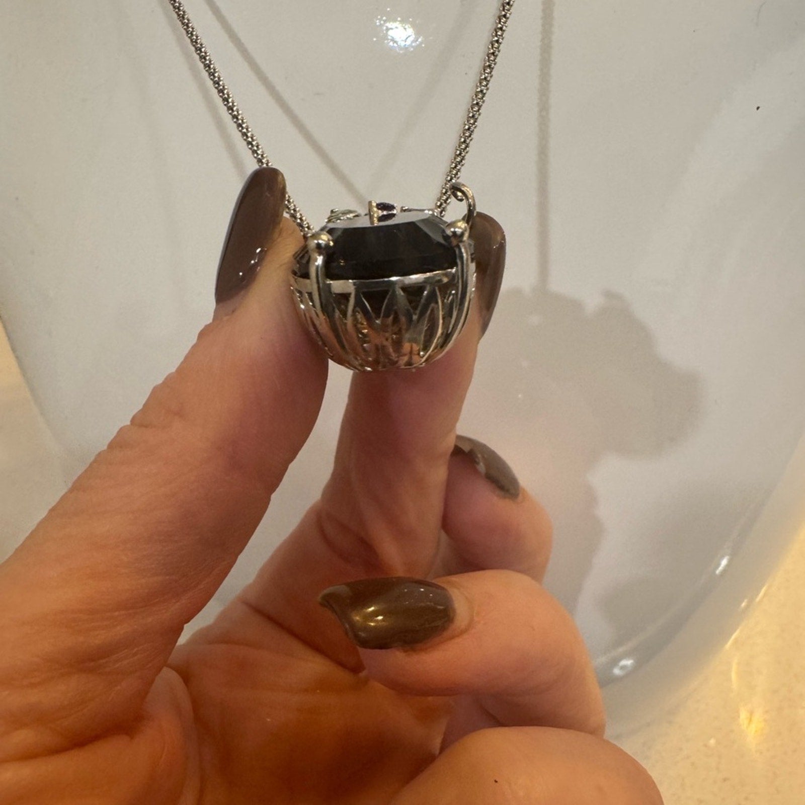 Enormous Smoky Quartz & smaller semiprecious gemstones elaborate setting silver