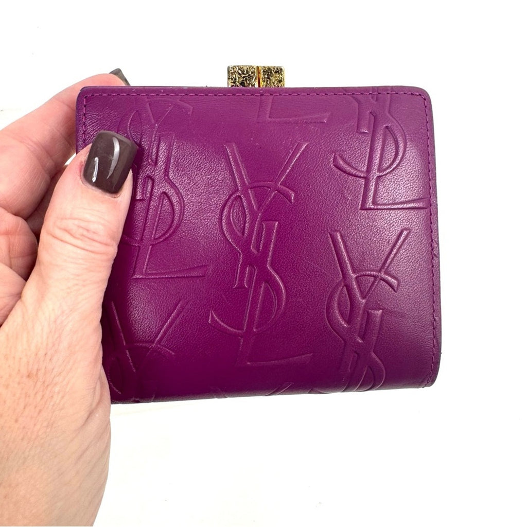 Yves Saint Laurent Purple Small Women's Wallet with decorative kiss lock snap