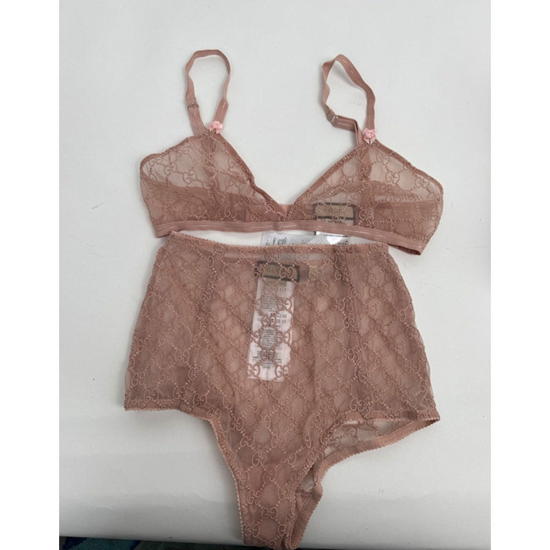 Gucci NWT Blush Pink GG Logo Lace Bra & High Waist Briefs Lingerie Set Size S