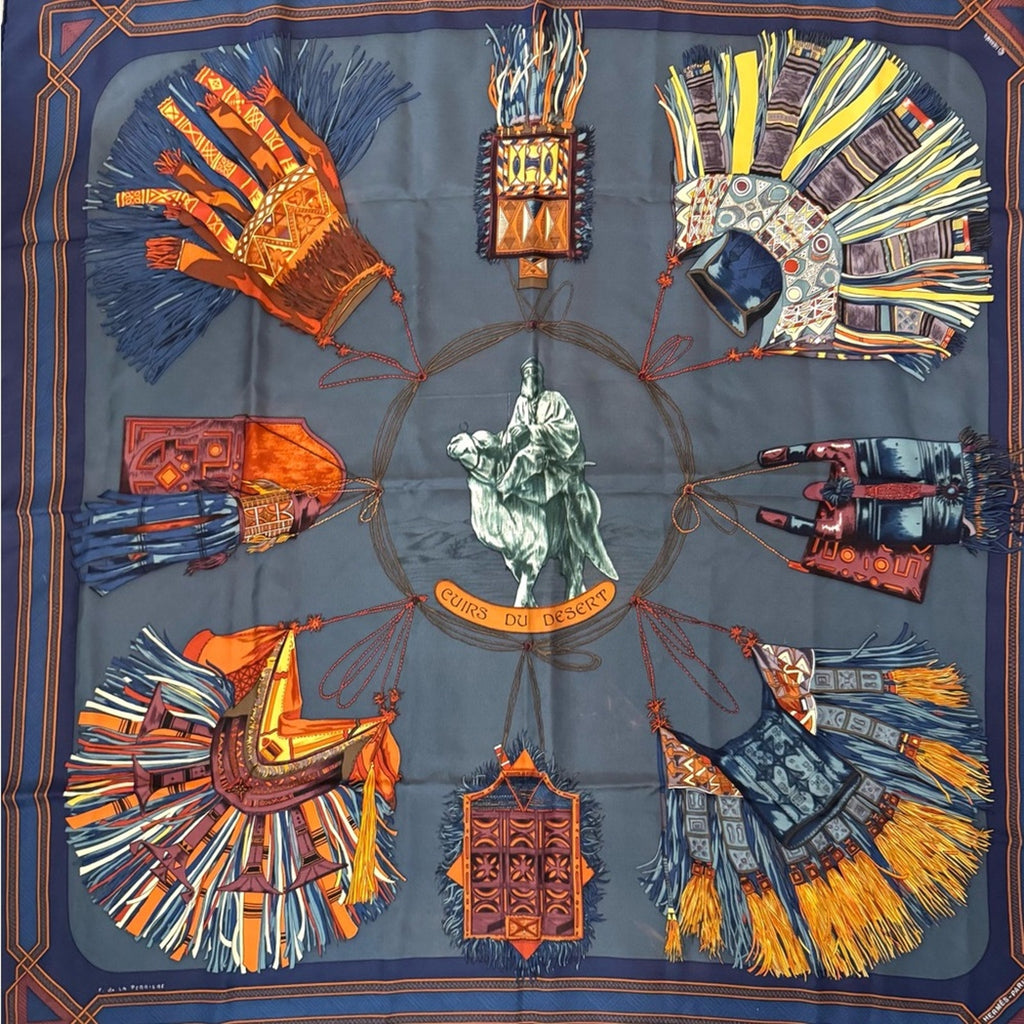 Hermès silk scarf in a darker blue and maroon Color Way, Middle Eastern motif