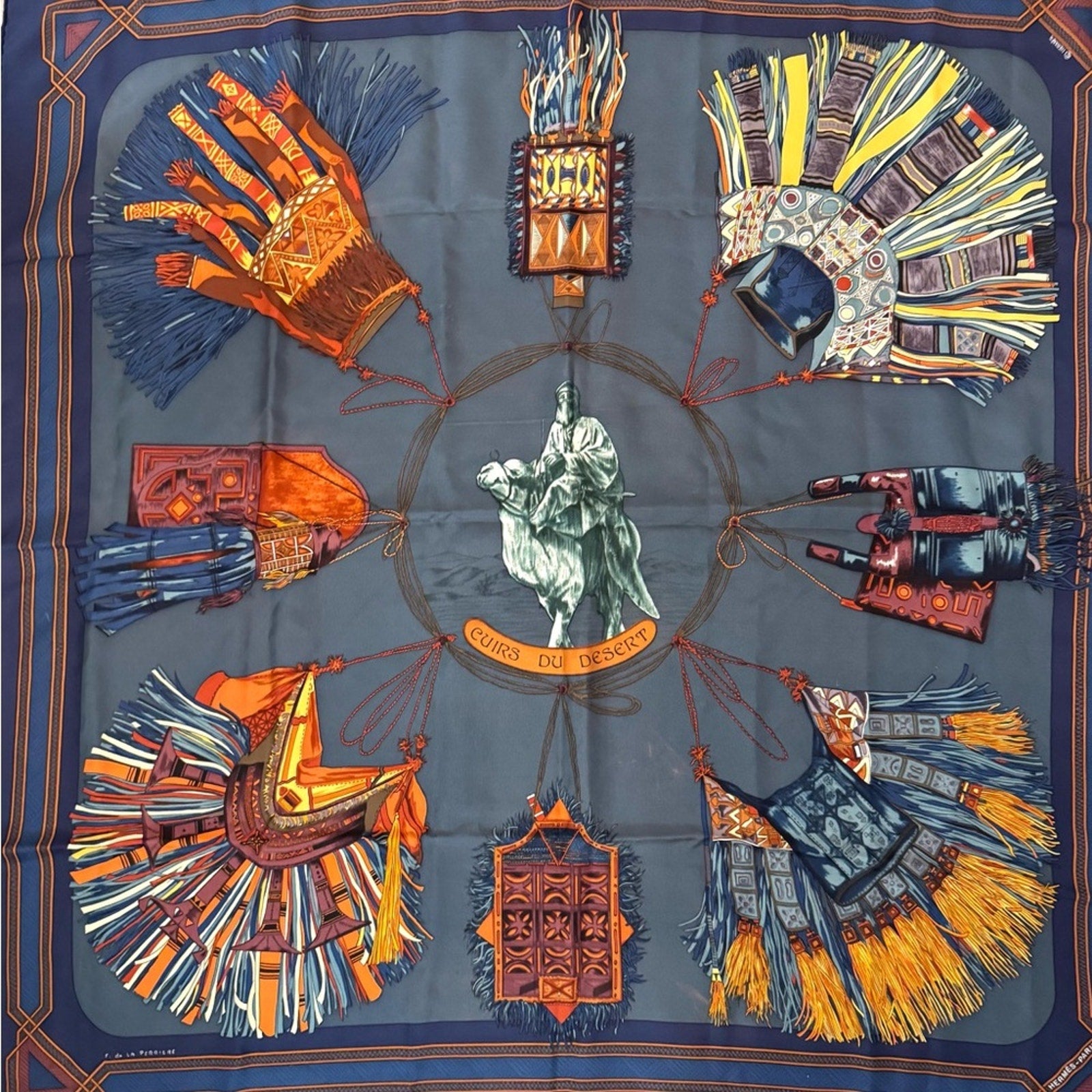 Hermès silk scarf in a darker blue and maroon Color Way, Middle Eastern motif