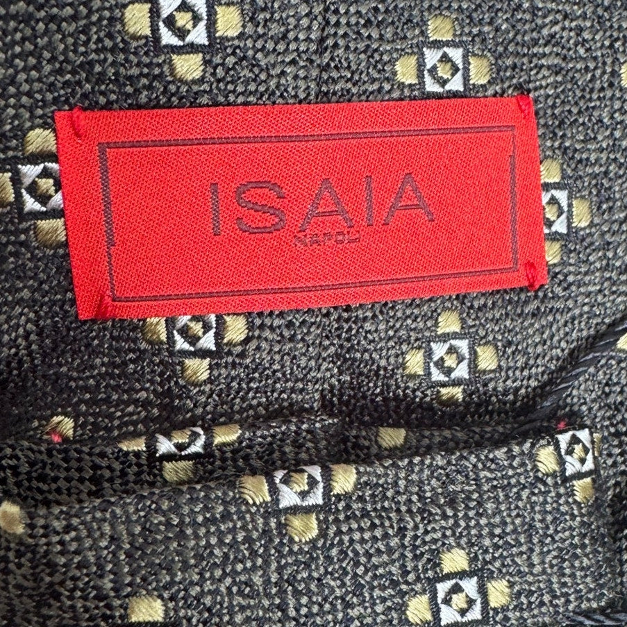 Isaia Napoli Brown & Gold Geometric Medallion Silk Neck Tie Made in Italy