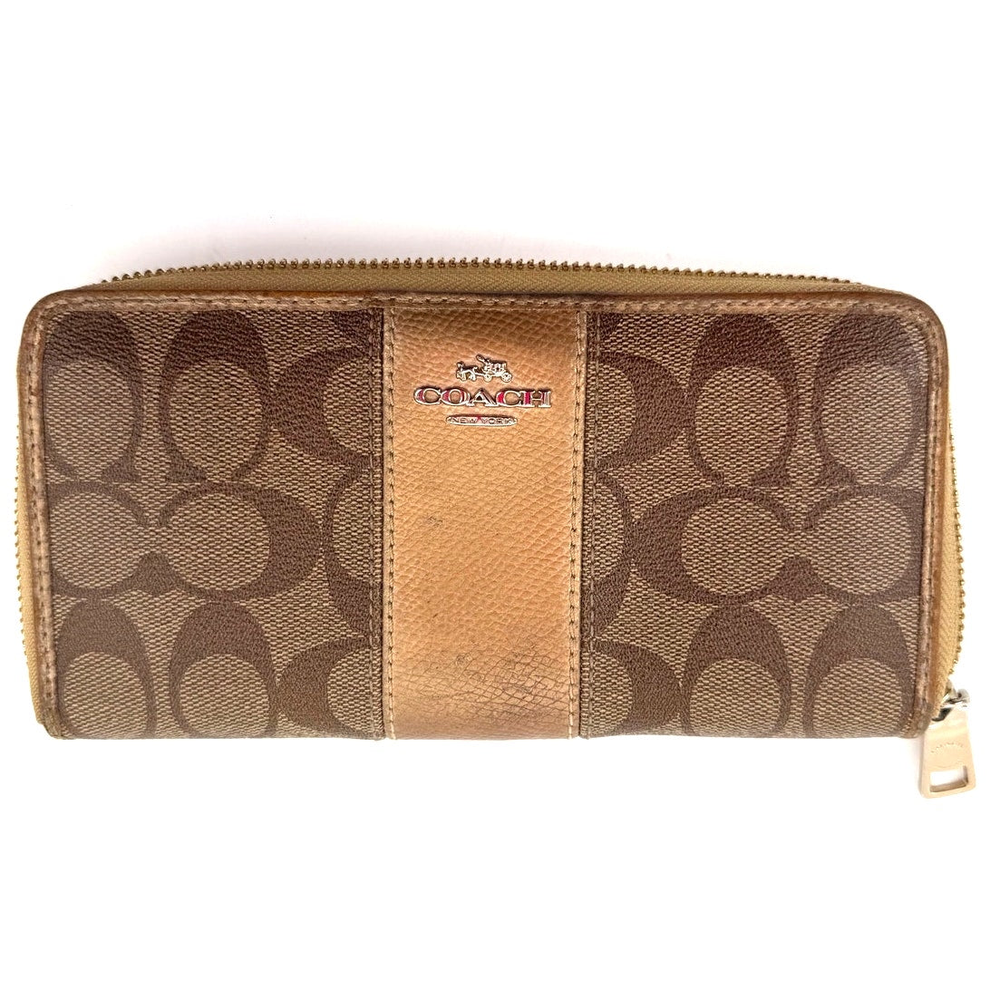 Coach Tan and Brown Zippy Long Accordion Wallet with Gold Finish Hardware