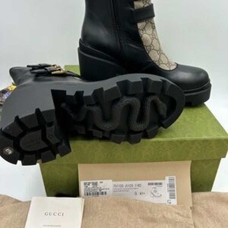Women's Gucci Supreme ankle boots with rhinestone studded buckles size 41.5