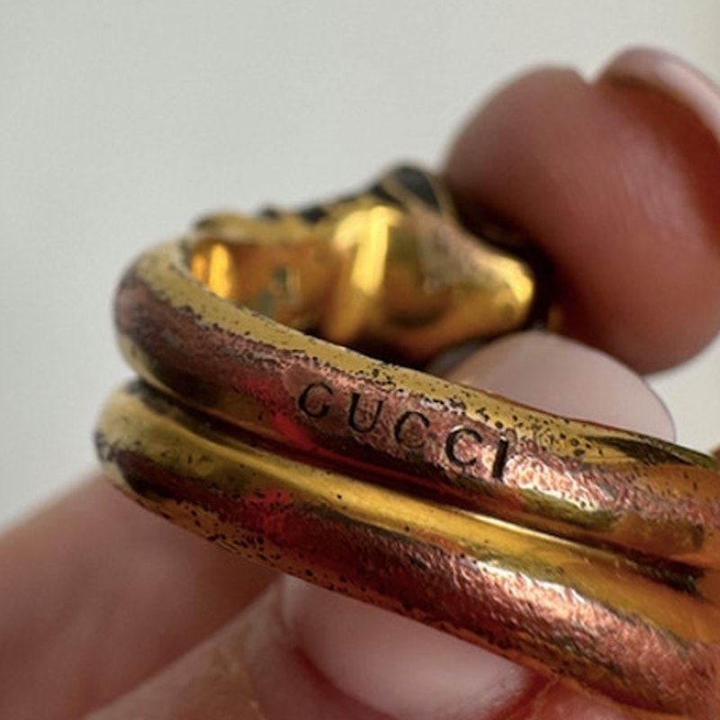 Gucci Garden Tiger Head Statement Ring Gold Plated with Green Crystal Eyes Sz 7