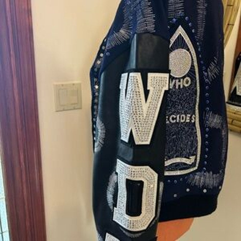 Men's WHO DECIDES war hardware, varsity jacket, size XL
