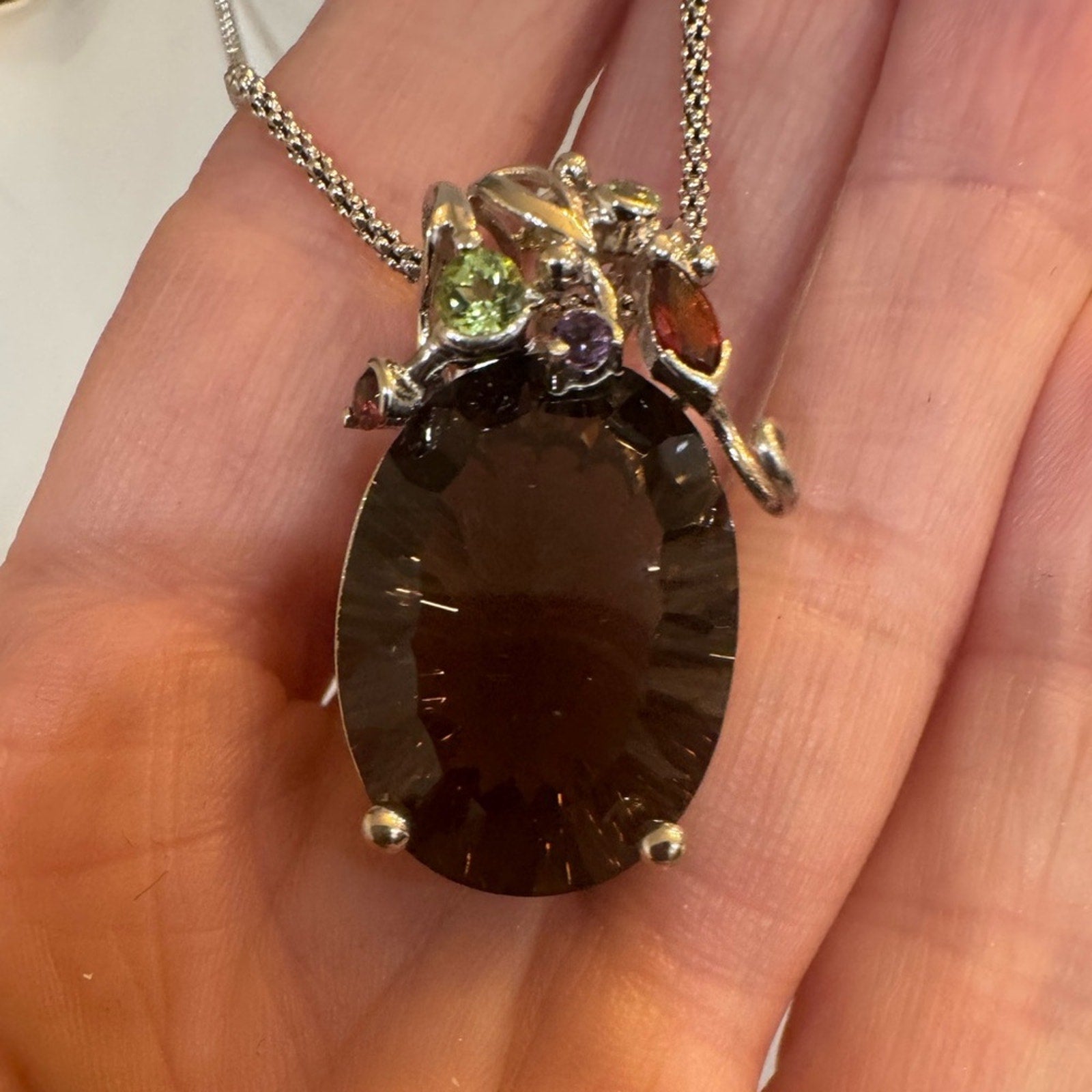 Enormous Smoky Quartz & smaller semiprecious gemstones elaborate setting silver