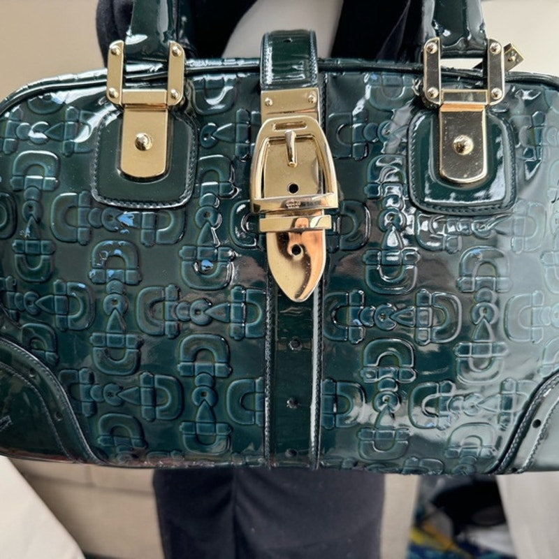 Gucci Vintage Green Blue Black patent leather top handle bag w/gold hardware