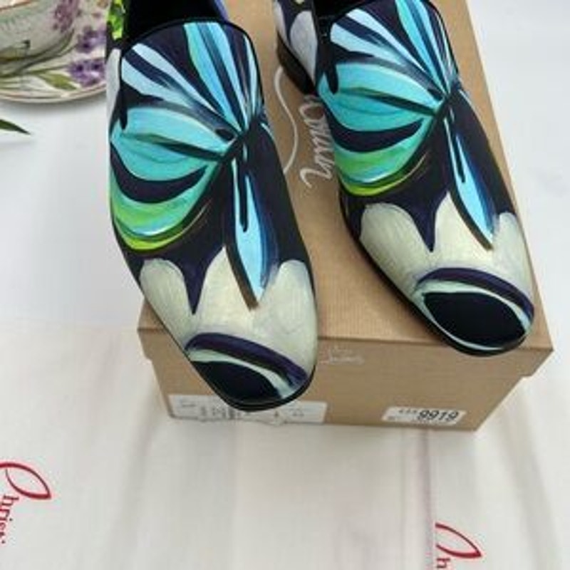 Men's Christian Louboutin, dandy, chick floral satin loafers size 42 made Italy