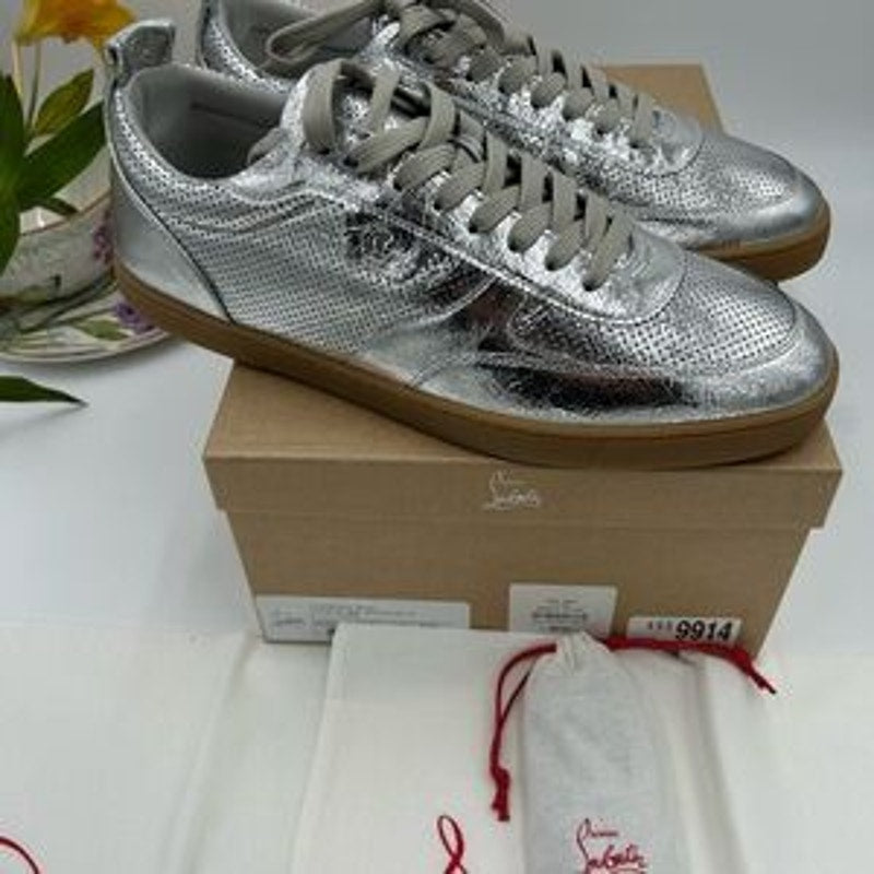 Men's Christian Louboutin TUTTI RUI low top silver leather sneakers size 46
