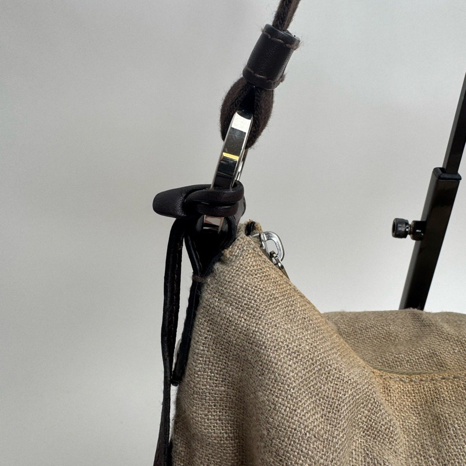 Bally linen shoulder bag /leather piping/web strap and  silver Bally purse charm