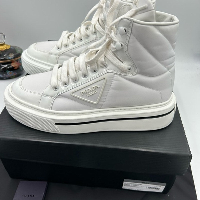 Women's Prada re-nylon leather hightop sneakers size 39.5 made in Italy