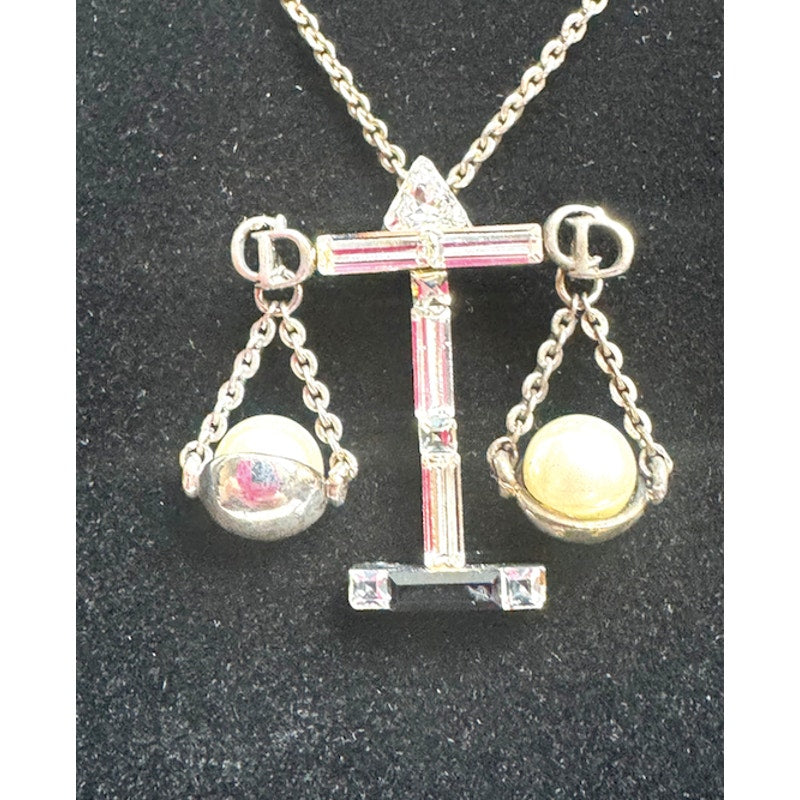 Christian Dior Silver Scale of Justice Charm Necklace with Pearls & Crystals