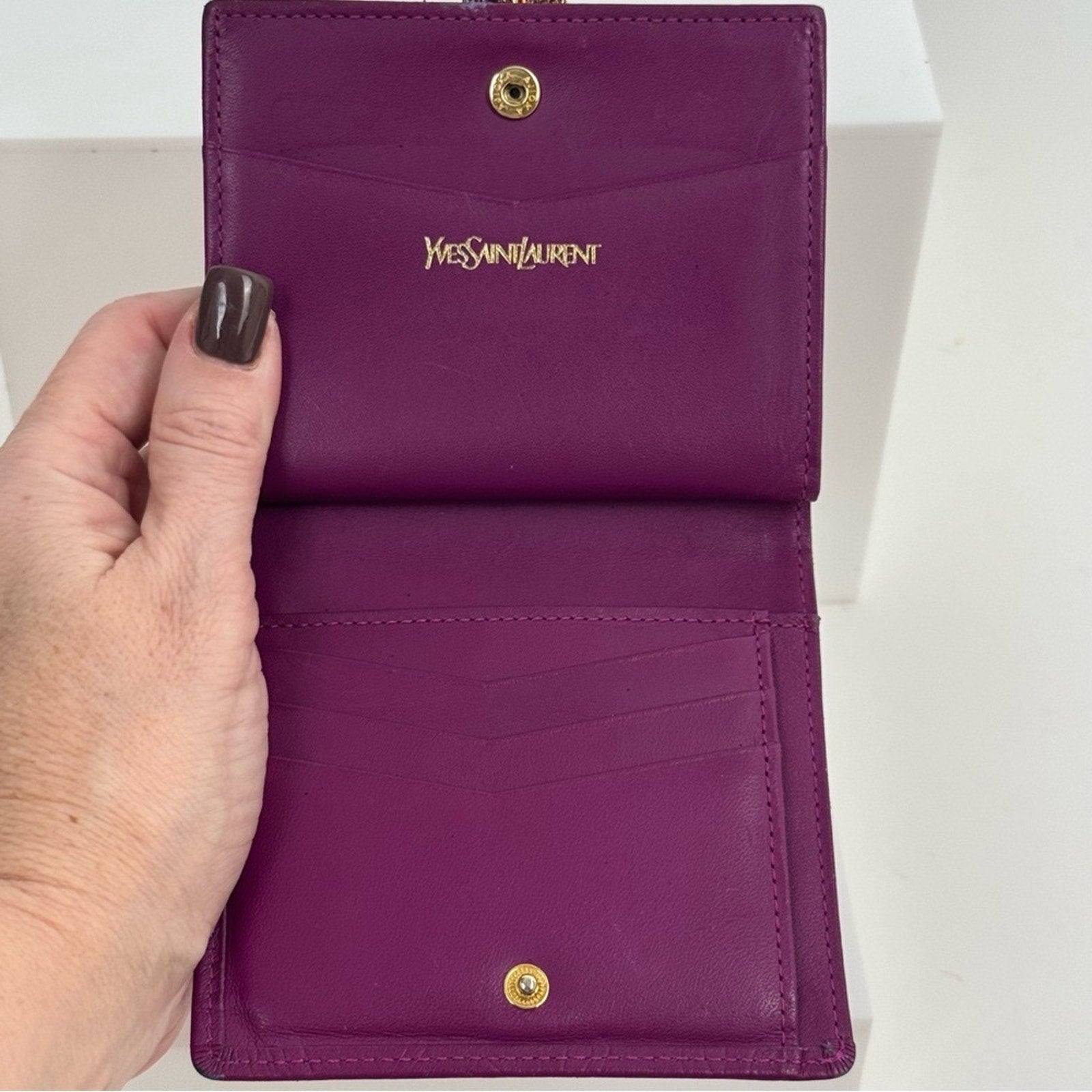 Yves Saint Laurent Purple Small Women's Wallet with decorative kiss lock snap