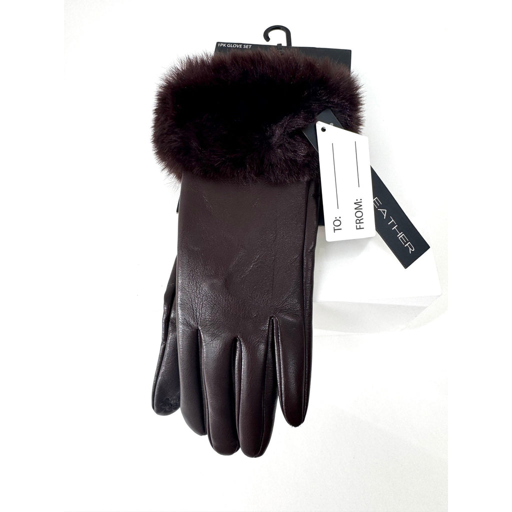 Women's Tahari NWT Brown Leather Gloves With Faux Fur Cuffs