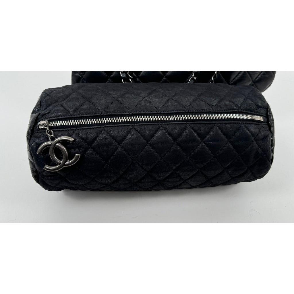 Chanel Black 3-way Leather & Patent Bag w/ Huge CC Charm /Runway Barrel Bag