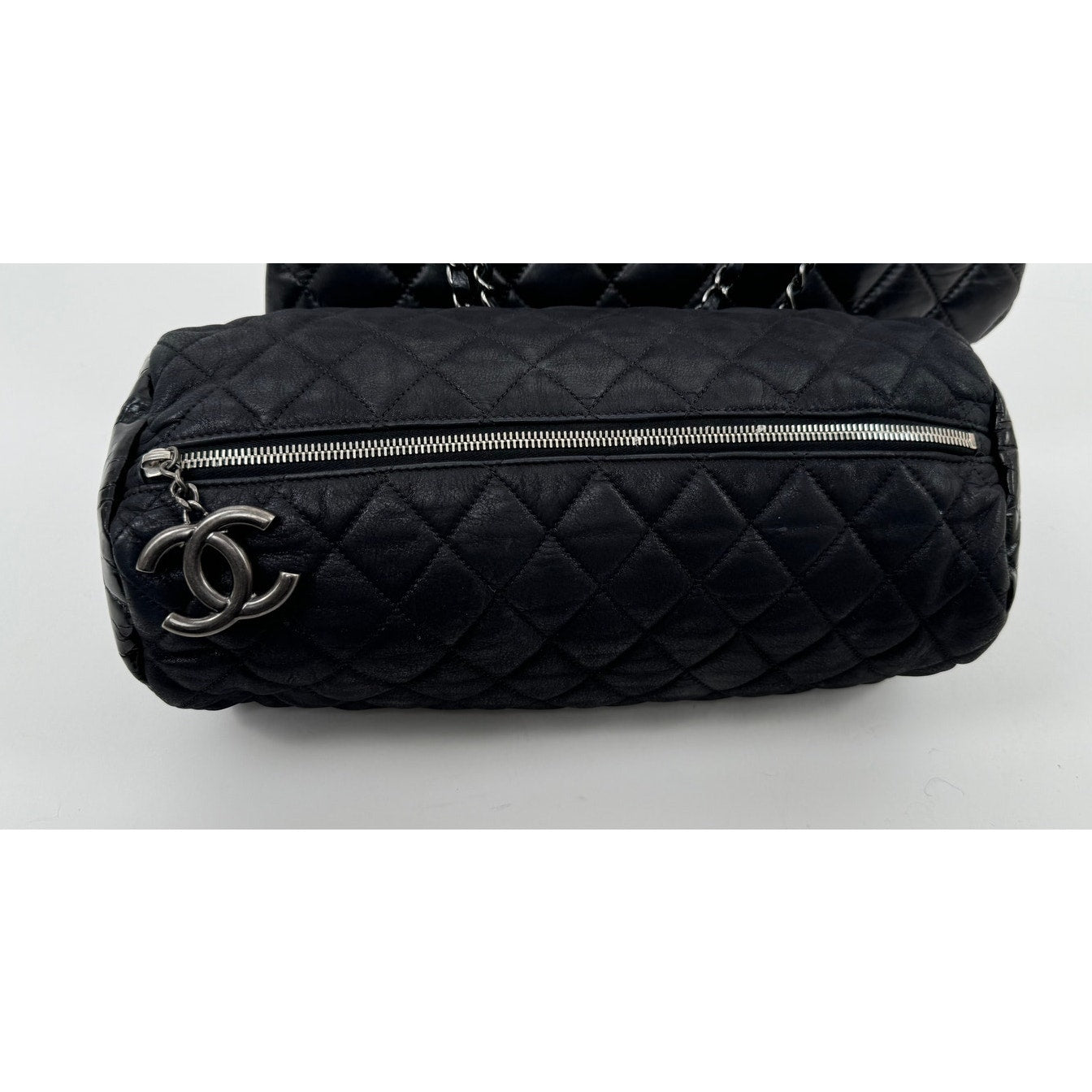 Chanel Black 3-way Leather & Patent Bag w/ Huge CC Charm /Runway Barrel Bag