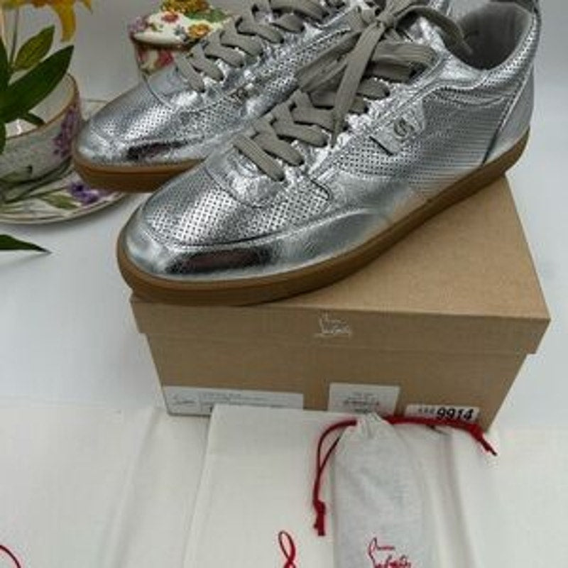 Men's Christian Louboutin TUTTI RUI low top silver leather sneakers size 46