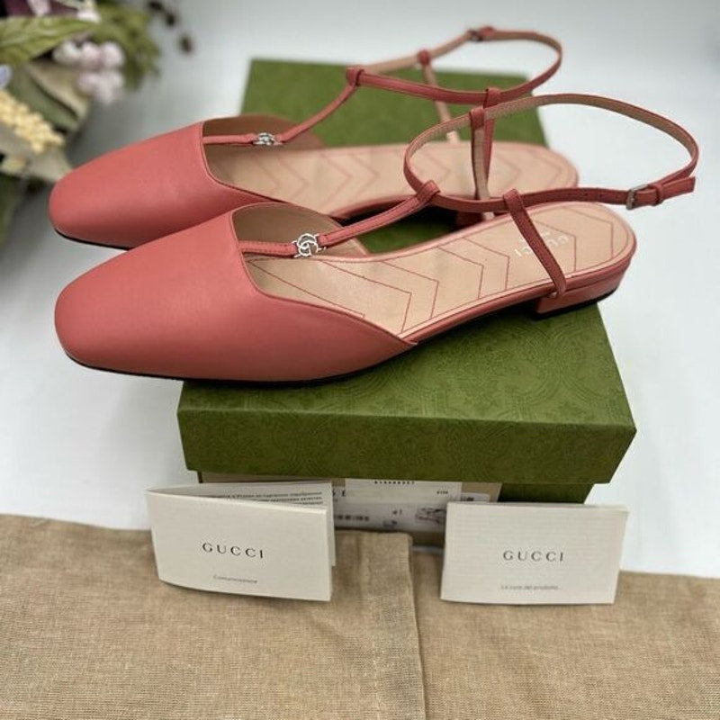 Women’s Gucci T strap, pink, leather GG ballet flats size 41 made in Italy