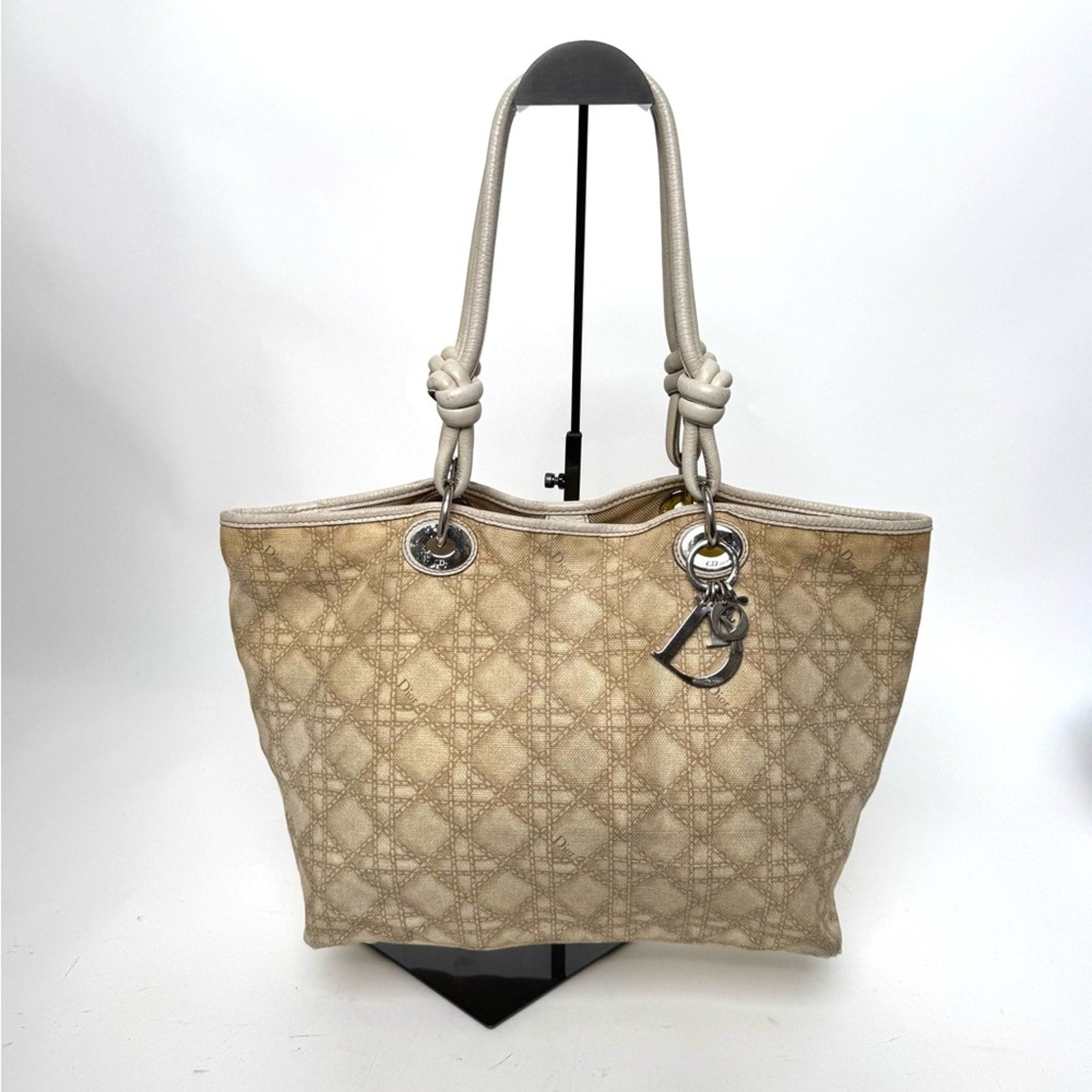 Dior canvas Canage shoulder tote with knotted leather straps/silver hardware
