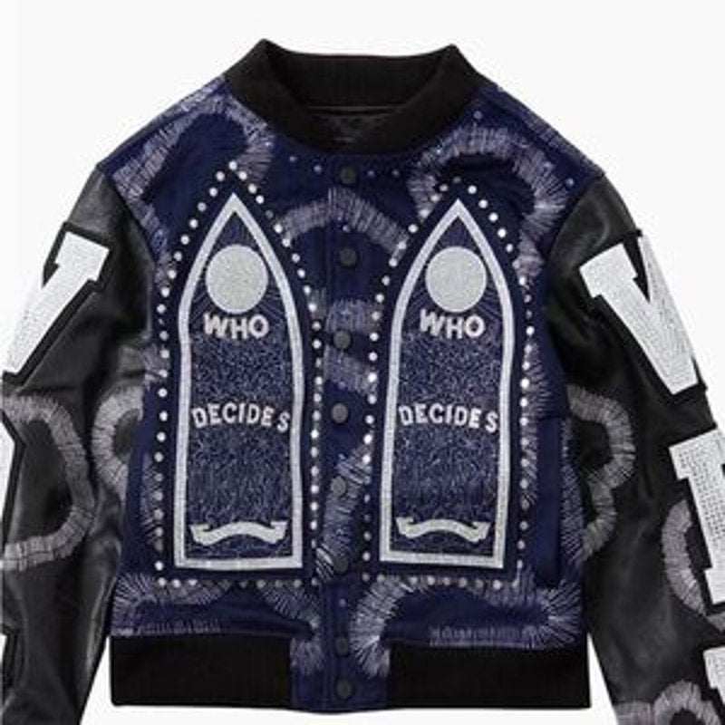 Men's WHO DECIDES war hardware, varsity jacket, size XL