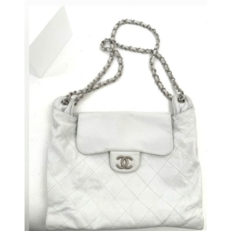Chanel White Leather Rare Runway Archived Shoulder Bag w/Silver Hardware