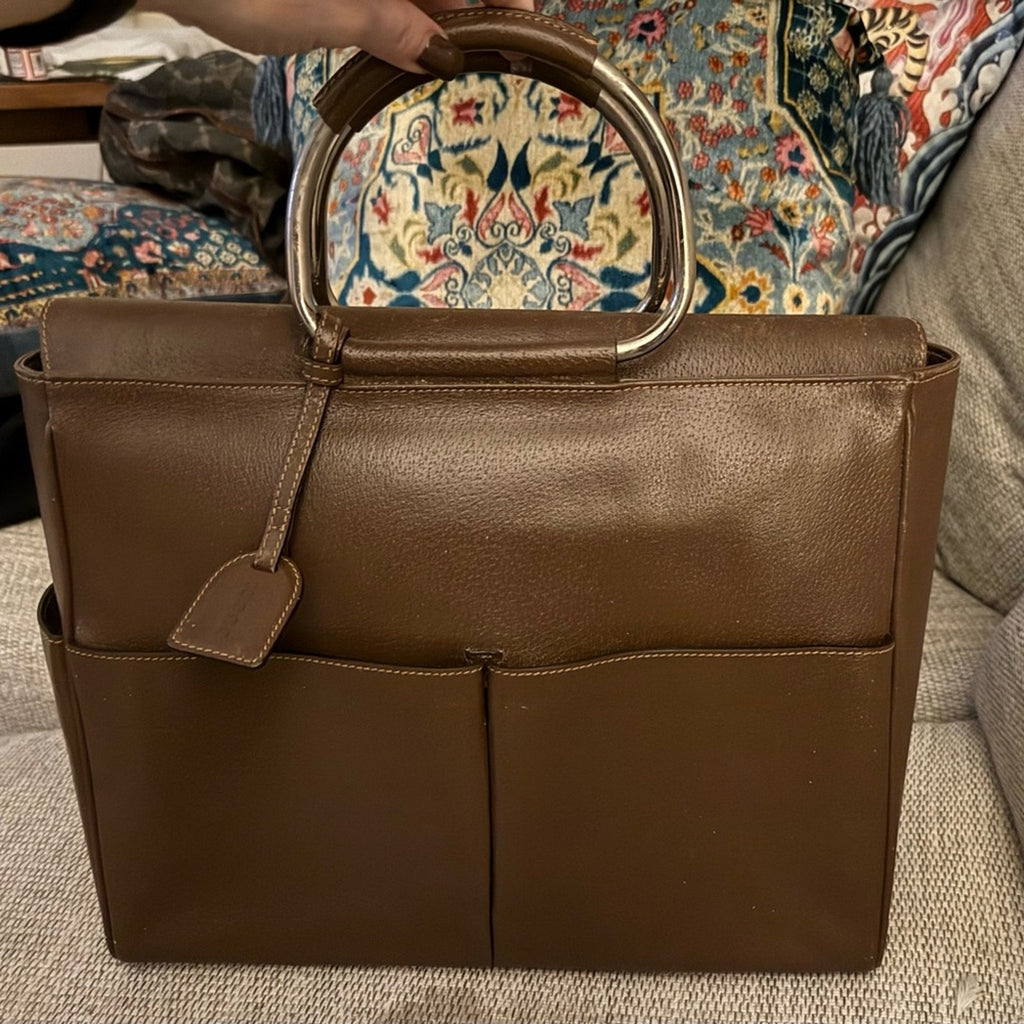 Gucci, Tom Ford era brown, leather tote w/circle top handles, 3 exterior pockets