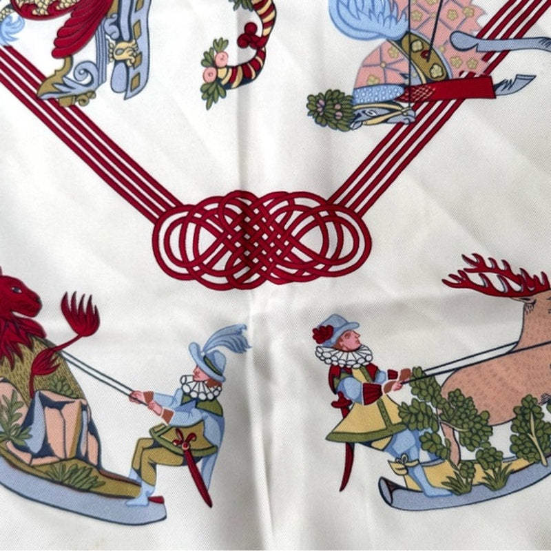 Hermes silk scarf red/blue colorway/whimsical sleds horses w/flourishes of color