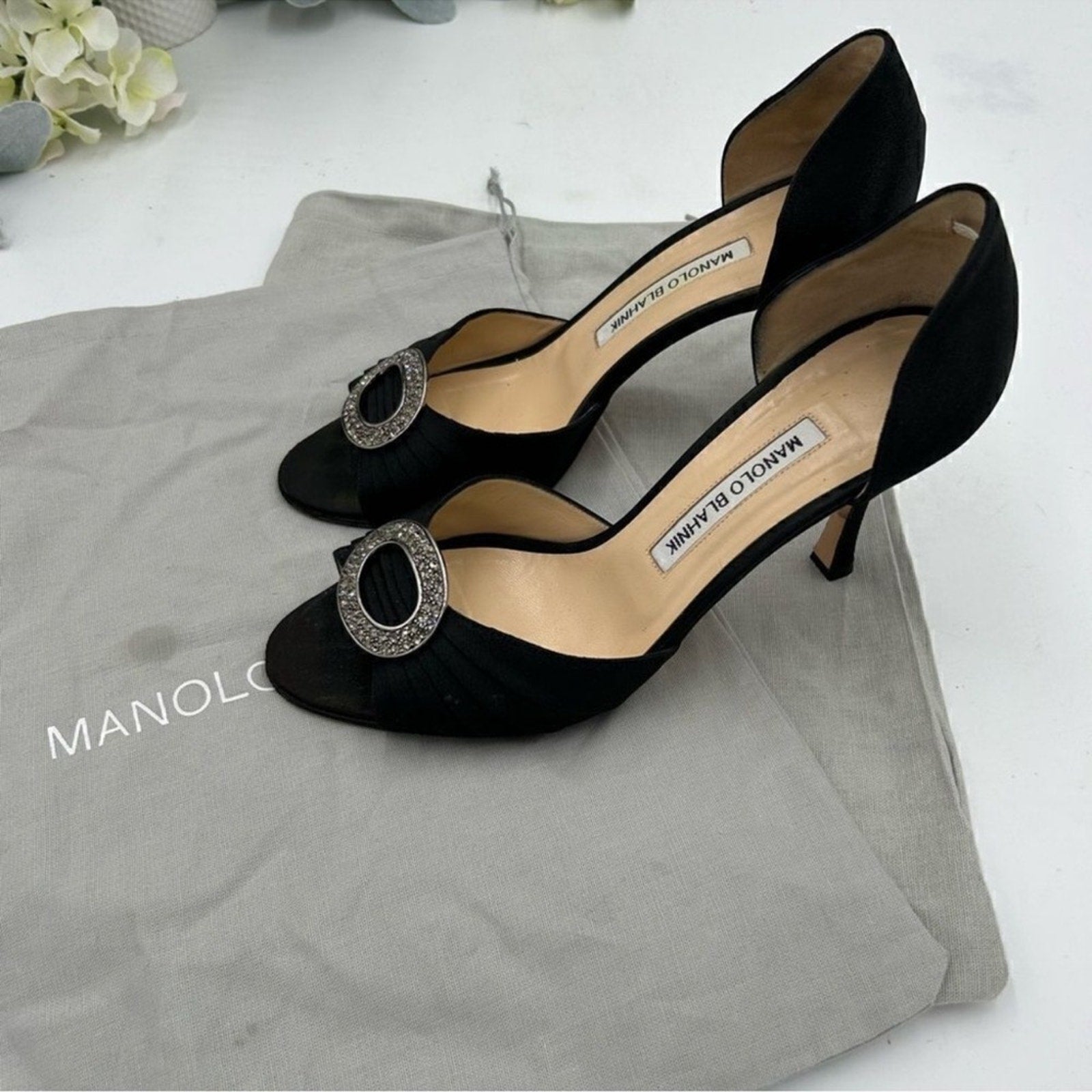 Women's Manolo Blanik, black pleaded satin,sedarby D'Orsay sandals Sz 37.5 Italy