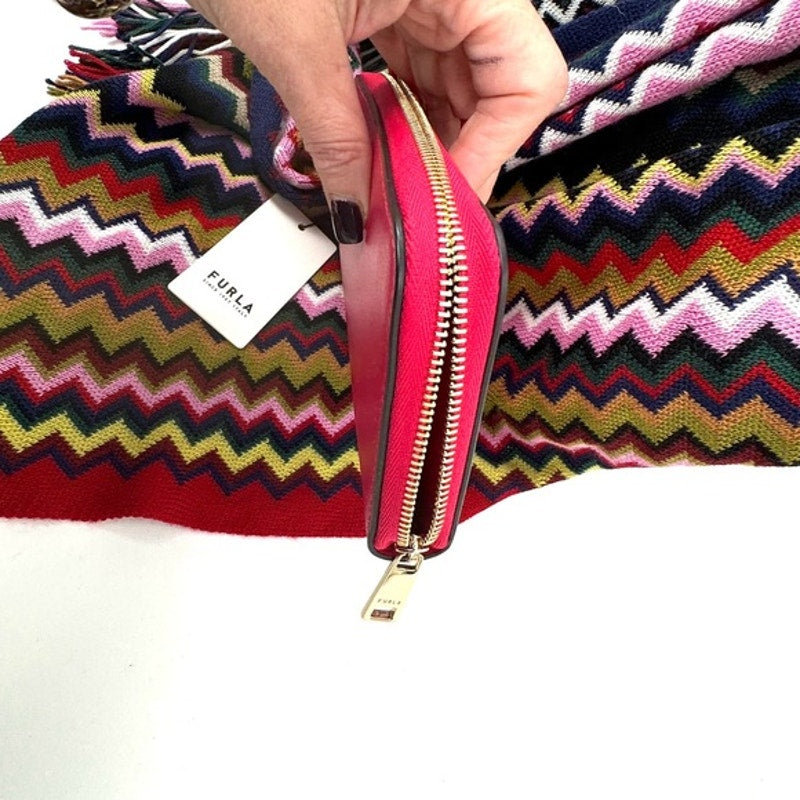 NWT Furla Fuchsia/Pink Long Zippy Wallet-3 areas, with card holder and zip pouch