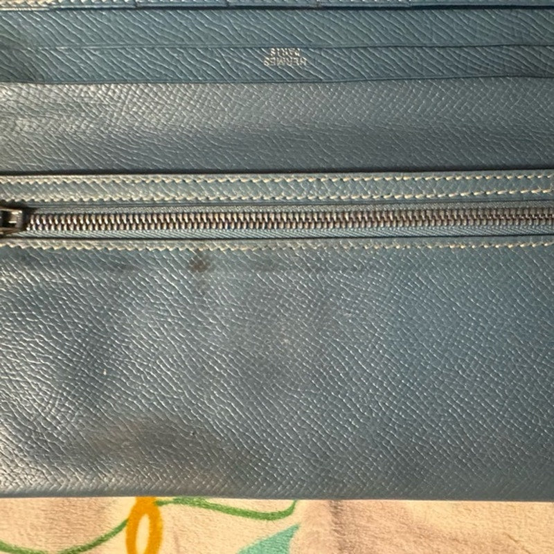 Hermes Blue Jean Tadelakt Bearn wallet Palladium Hardware cream contrast stitch