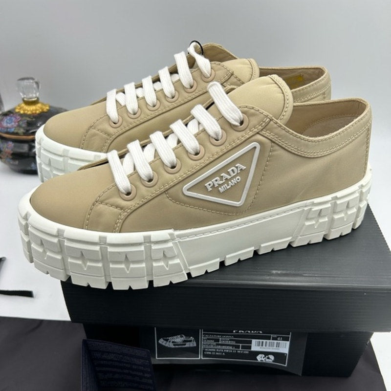 Women's Prada double wheel nylon gabardine sneakers, desert beige size 41