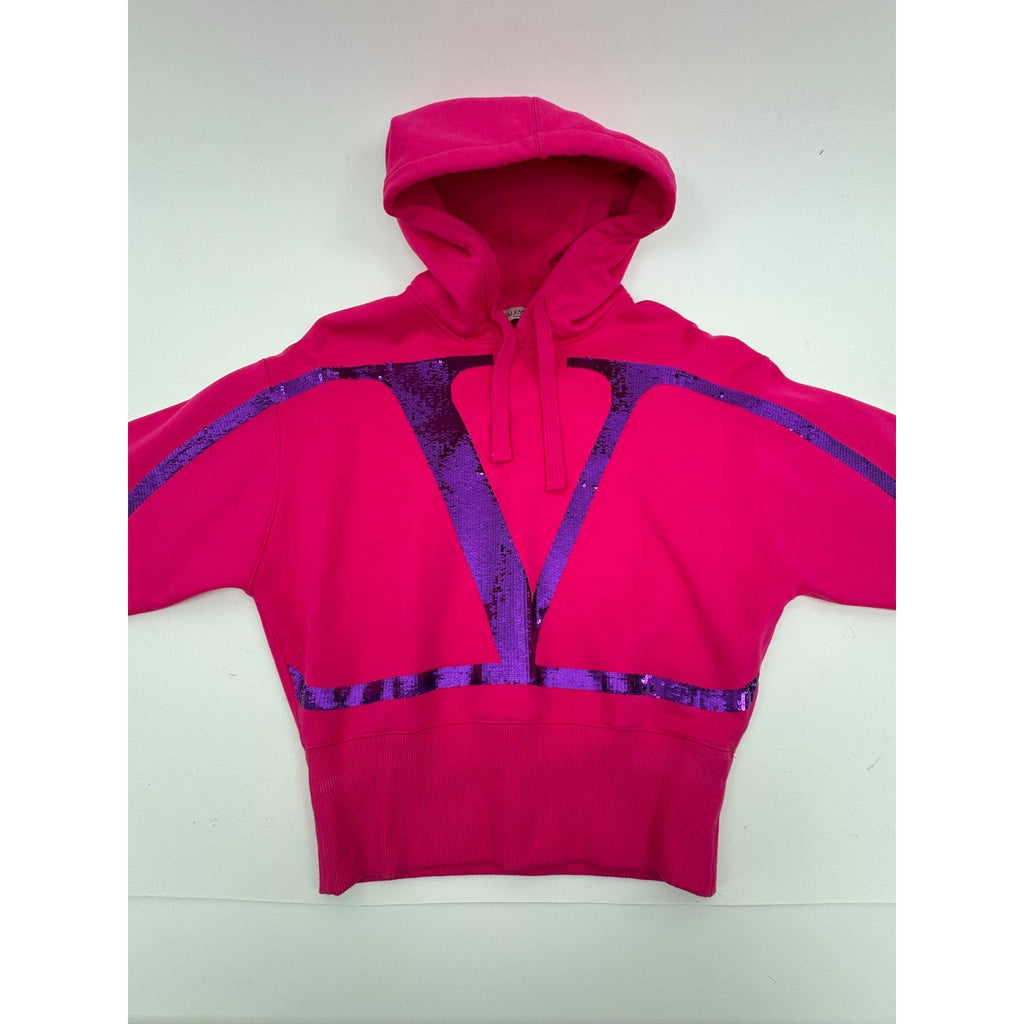Women’s Valentino Pink V-Logo Sequin Pullover Hoodie – Size S – Runway Style