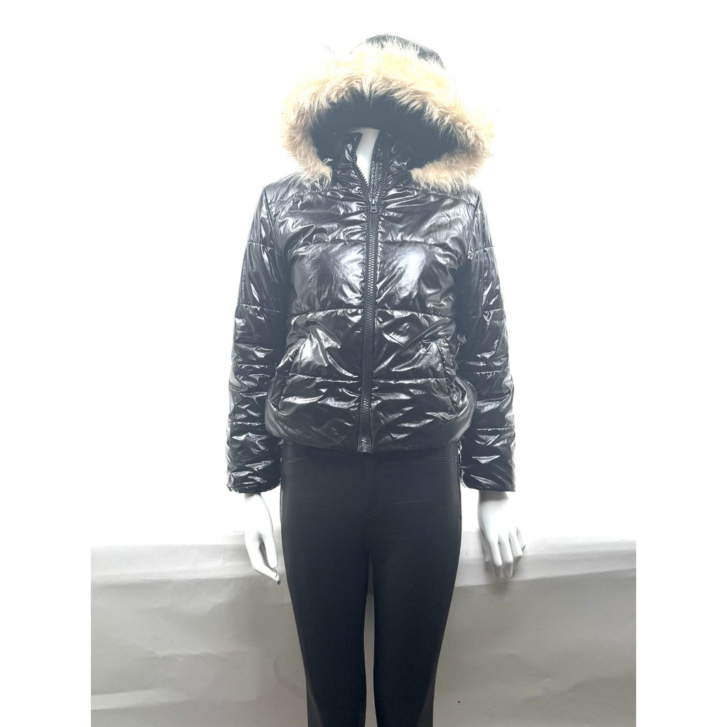 Kids Hudson Black Shiny Puffer Jacket with Faux Fur Hood Size L Fits Women’s XS