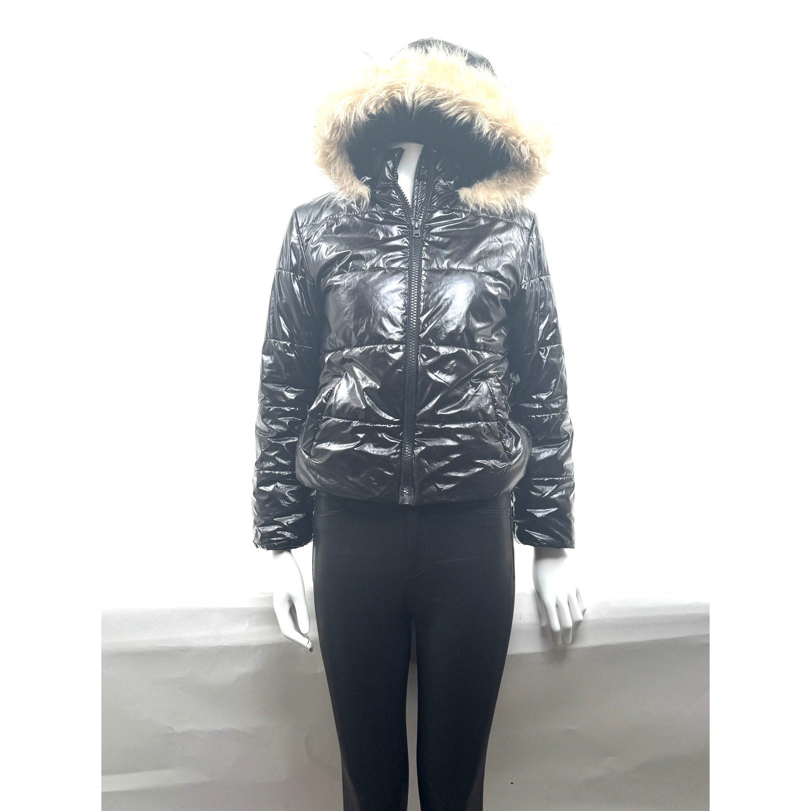 Kids Hudson Black Shiny Puffer Jacket with Faux Fur Hood Size L Fits Women’s XS