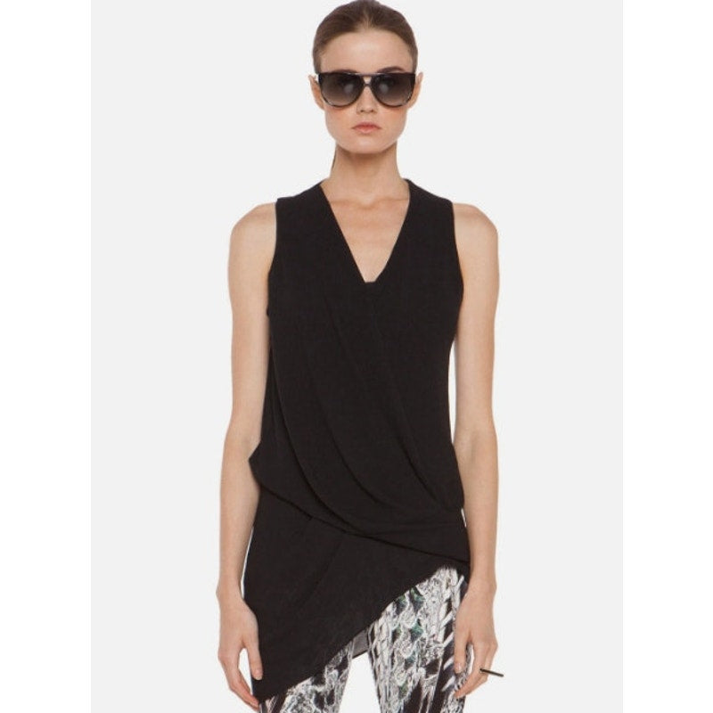 Helmut Lang NWT Black Soft Drape Overlap Asymmetrical Hem Blouse Size L
