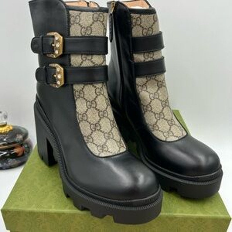 Women's Gucci Supreme ankle boots with rhinestone studded buckles size 41.5