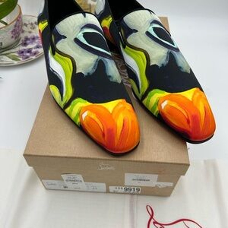 Men's Christian Louboutin, dandy, chick floral satin loafers size 45 made Italy