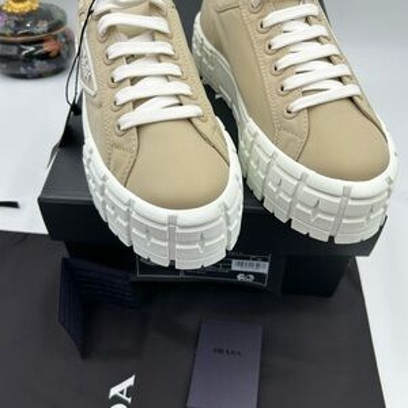 Women's Prada double wheel nylon gabardine sneakers, desert beige size 41