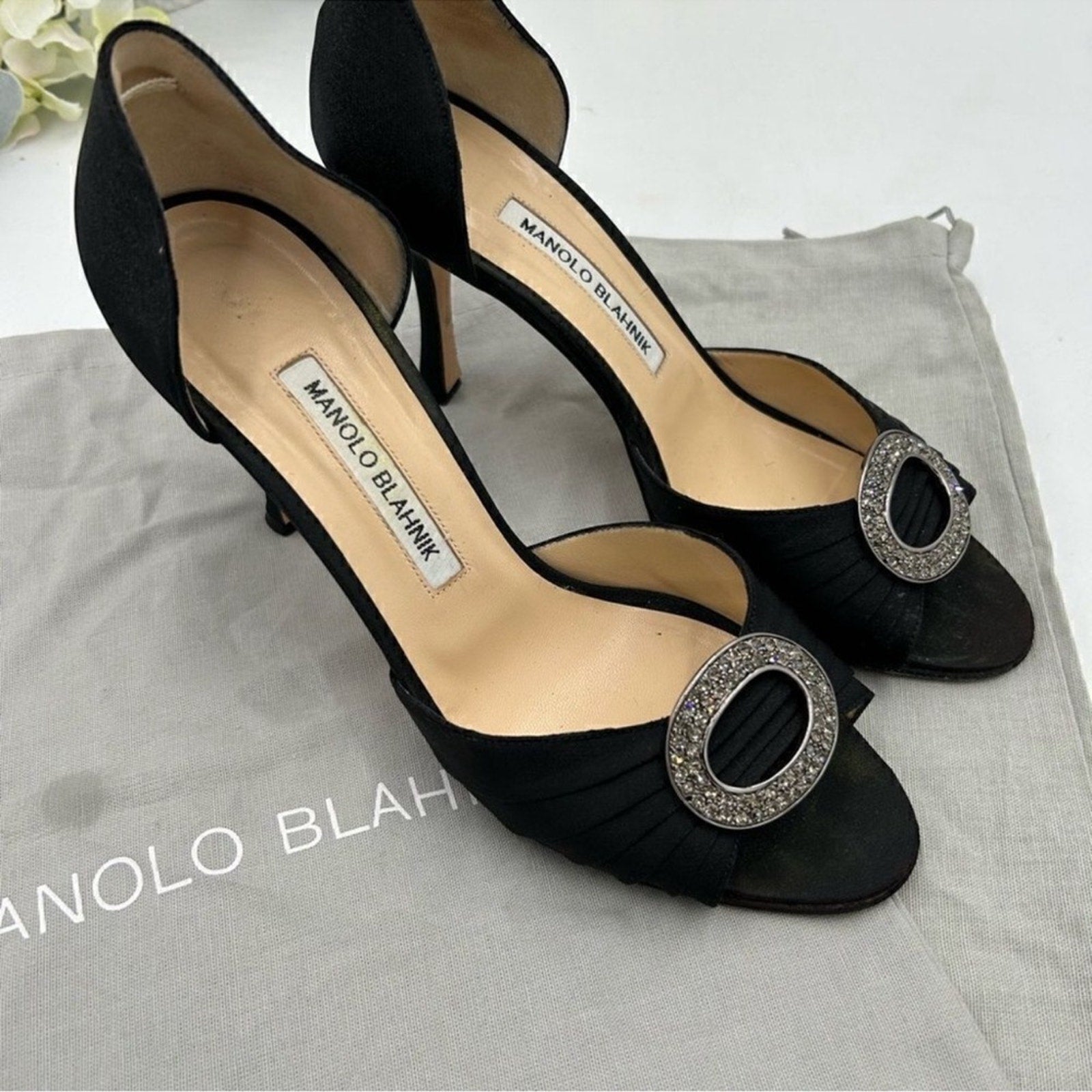 Women's Manolo Blanik, black pleaded satin,sedarby D'Orsay sandals Sz 37.5 Italy