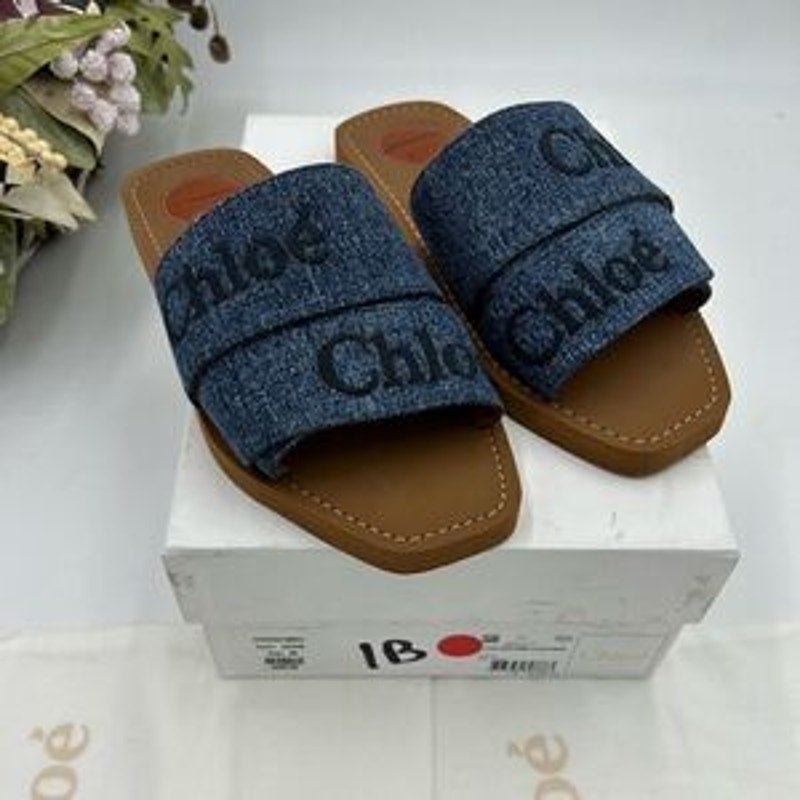Women’s Chloe woody logo embroidered denim sandals size 38 made in Italy