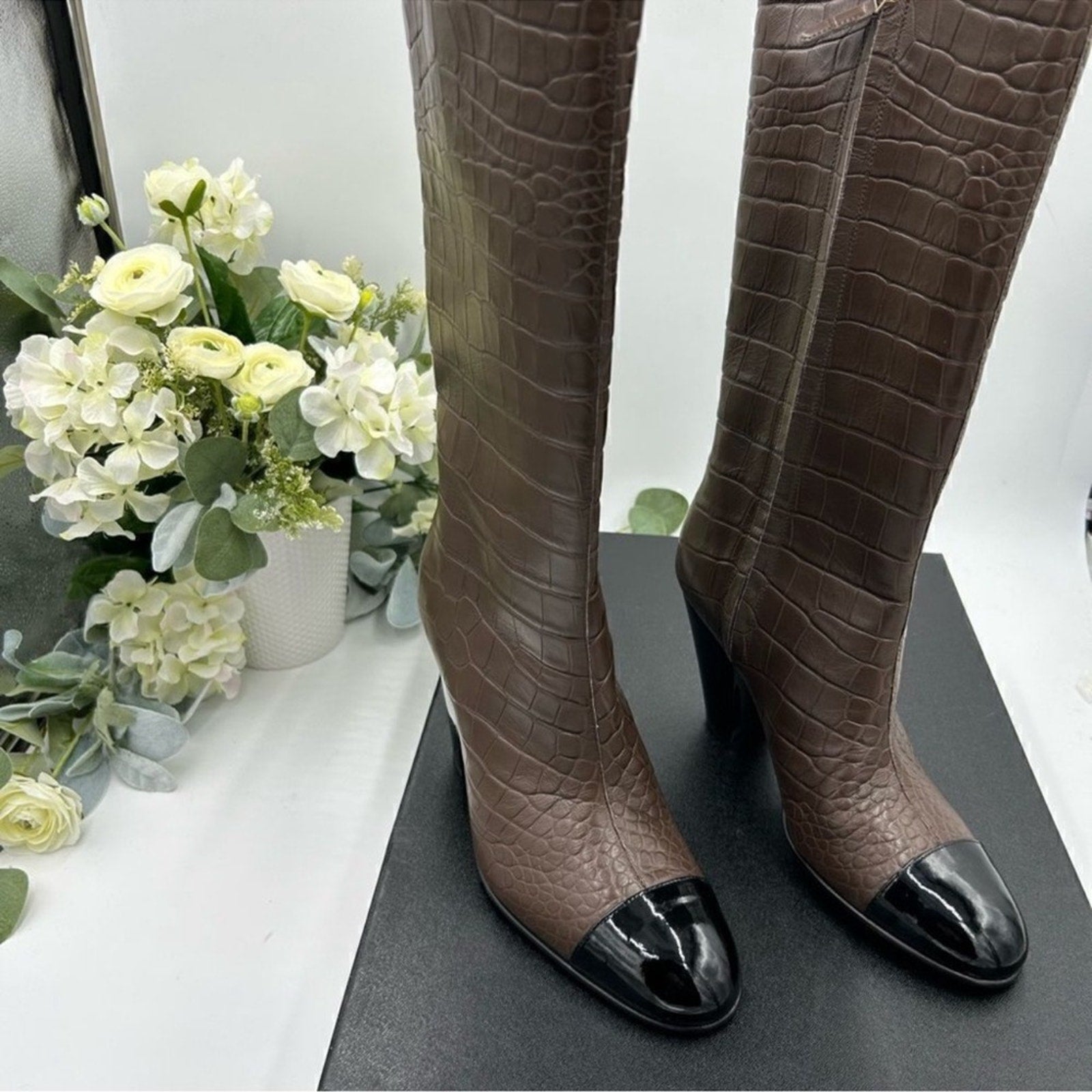 Women's Chanel icon plain toe block, heel boot 
Size 38.5 
Made in Italy.