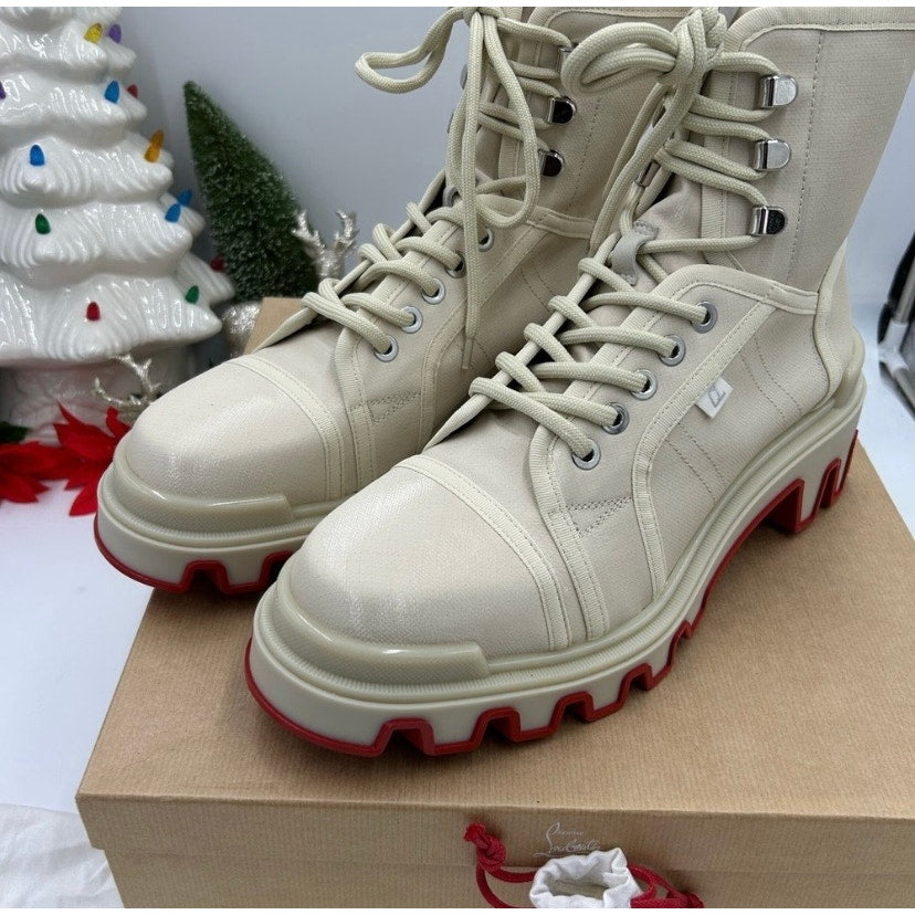 Men's Christian Louboutin panaroot Dune combat boots coated canvas/leather 44